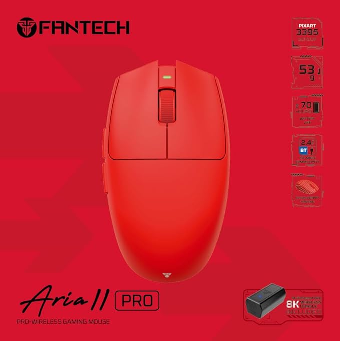 FANTECH ARIA XD7V2 PRO Wireless Gaming Mouse, 8K Polling, Pixart 3395 Gaming Sensor 26K DPI HUANO Switches, 53g Ultra-Lightweight, 5 Buttons, Compatible with PC/Mac - Red