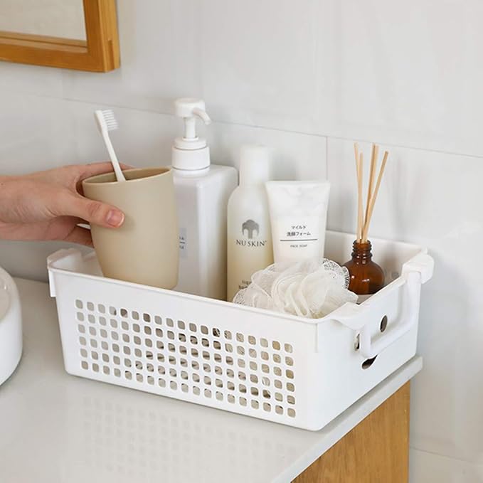 Stackable Plastic Storage Baskets/Bins Organizer with Handles, Set of 4 (White, Grey)