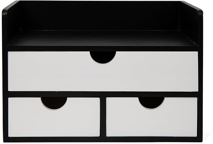 Rustic Distressed white 3-Tier Wood Desk Organizer with 3 Drawers Mini Storage Shelf For Desk, Toiletries Vanity Office Supplies (BlackWhite)