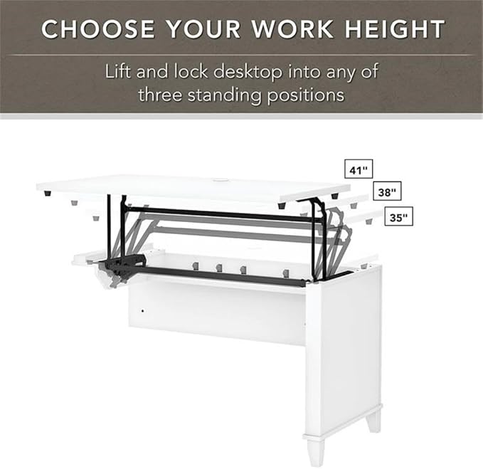 Pemberly Row 72W Sit to Stand L Desk with Hutch, Engineered Wood, White Finish, Adjustable Heights, Frosted Glass Doors, File Drawer, Box Drawer, Ergonomic Office Furniture for Home Workspace