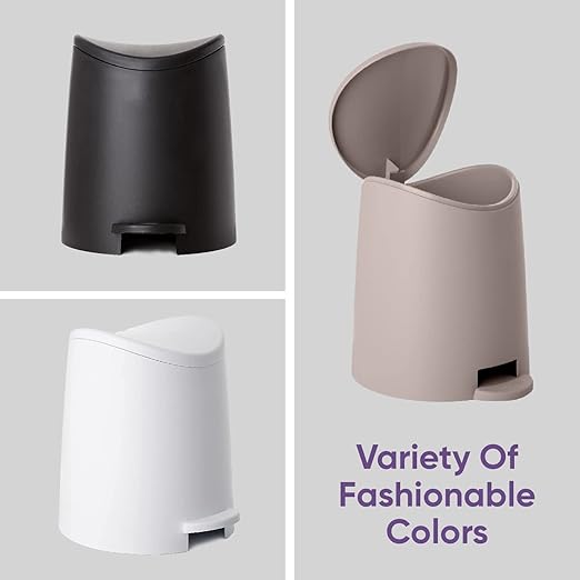 Superio Mini Plastic Bathroom Trash Can with Lid 3 Liter Grey Modern Curved Step On Trash Can with Foot Pedal, Mini Kitchen Waste Bin, Durable and Soft Close for Bedroom, Office, Under Desk