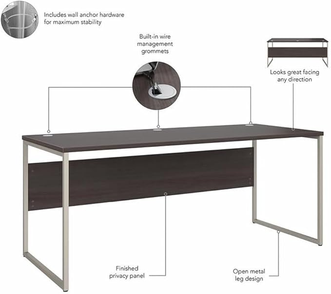Pemberly Row 72W Office Desk with Storage, Engineered Wood, Storm Gray Finish, Includes 3 Drawer File Cabinet and Low Storage Credenza, Modern Workstation for Home Office or Professional Use