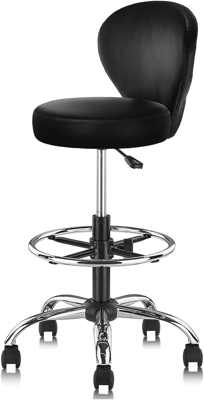 KLASIKA Black PVC Faux Leather Drafting Chair Rolling Swivel Salon Stool Seat Adjustable Height 36 Inch with Back Support Foot Rest Hydraulic Wide Seat for Tattoo Beauty Barber Lash 1Pack