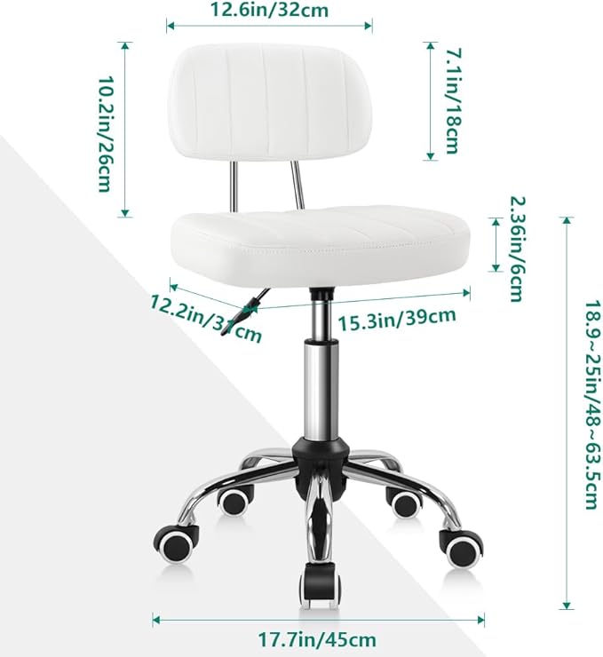 BFTOU White Square Swivel Stool with Wheel for Work SPA Shop Massage Height-Adjustable and Cost-Effective Rolling Stool Chair with Back