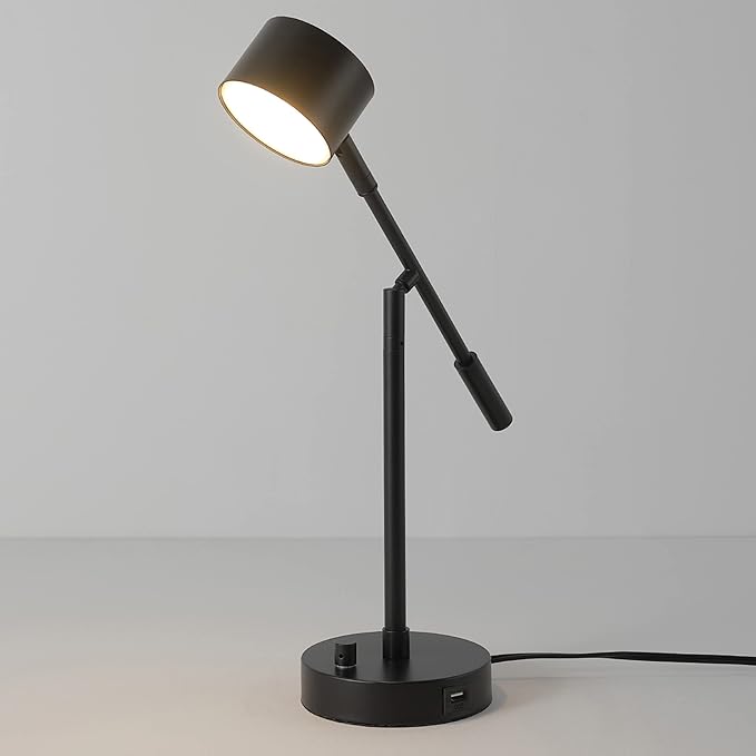 Globe Electric 52271 Aristocrat 16" Integrated LED Swing Arm Desk Lamp, Matte Black, Dimmable On/Off Rotary Switch at Base, 2.1A USB Port
