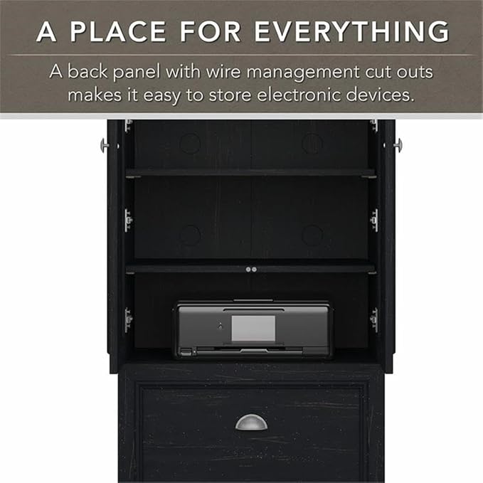 Bush Furniture Fairview 60W L Shaped Desk and 2 Door Storage Cabinet with File Drawer in Antique Black and Hansen Cherry