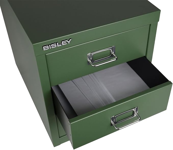 Bisley 3-Drawer Steel MultiDrawer Cabinet - Olive Green, Chrome Pull Handles with Label Holders, Powder-Coated Steel, Removable Drawers, Desktop Storage, Labels Included