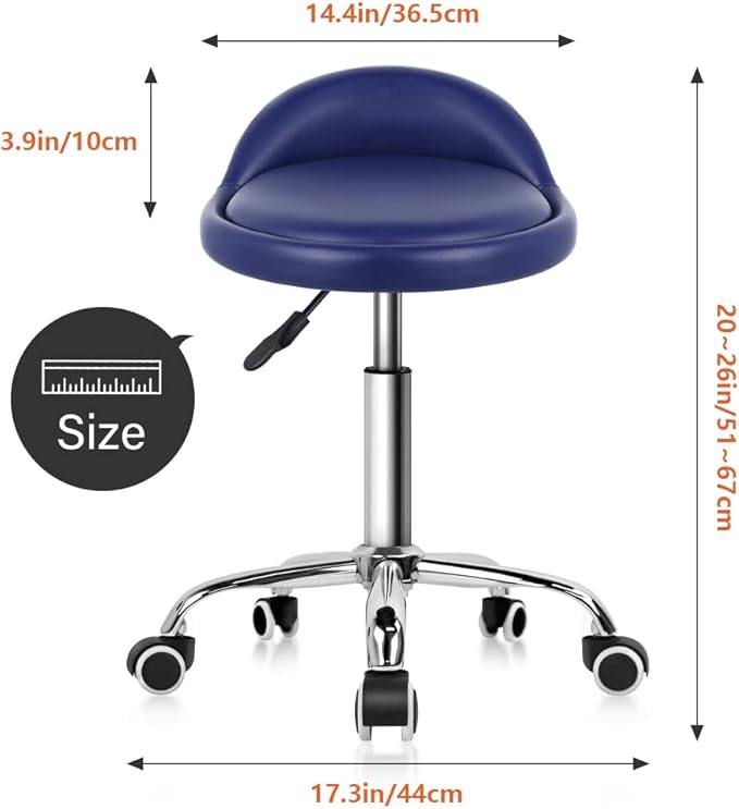 KKTONER PU Leather Round Rolling Stool with Back Rest Height Adjustable Swivel Drafting Work SPA Task Chair with Wheels (Blue)