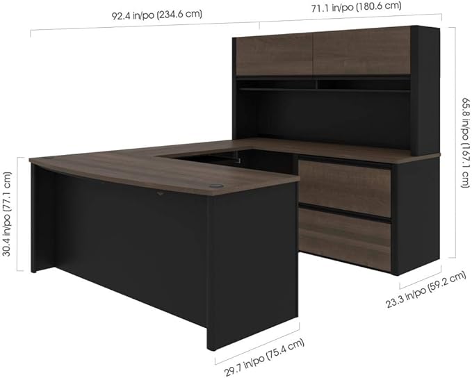 Bestar Connexion 72W U-Shaped Executive Desk with Lateral File Cabinet and Hutch in Antigua & Black