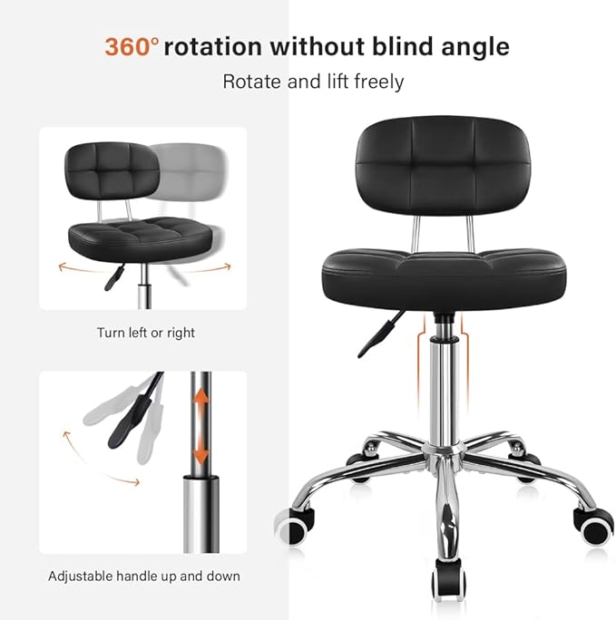 KKTONER Black Home Office Chair Leather Rolling Stool with Swivel Wheels with Backrest Height Adjustable for Home Office Computer Desk SPA
