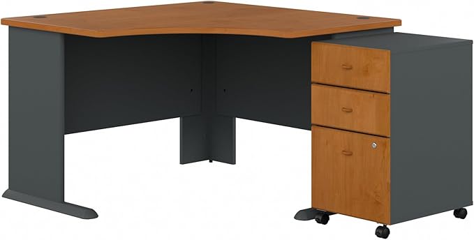 Bush Business Furniture Series A 48W Corner Desk with Mobile File Cabinet in Natural Cherry and Slate