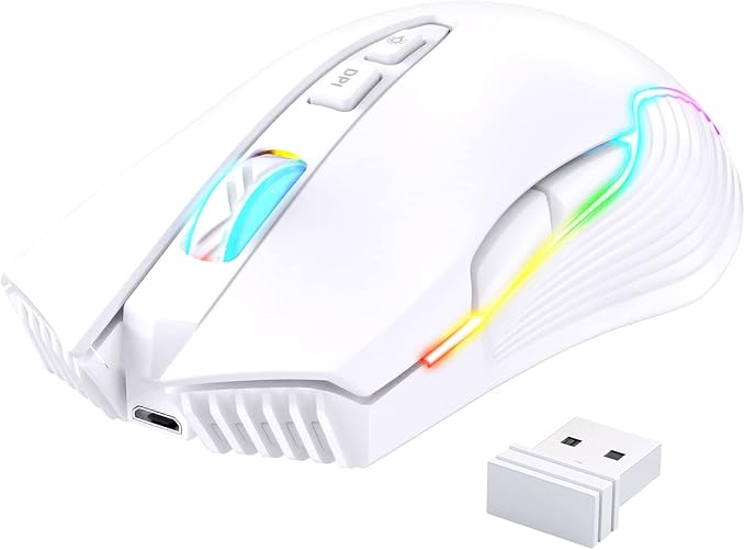 PHNIXGAM Rechargeable Wireless Gaming Mouse, Ergonomic RGB Computer Mouse with 2.4G Receiver, RGB Backlight, Adjustable DPI Up to 3600, 7 Buttons (Not Programmable) for Windows Vista Linux (White)