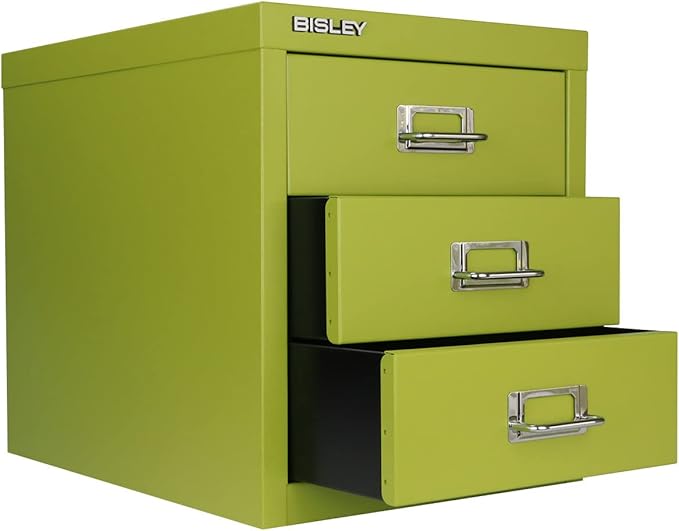 3-Drawer Steel MultiDrawer Cabinet - Bisley Green, Chrome Pull Handles with Label Holders, Powder-Coated Steel, Removable Drawers, Desktop Storage, Labels Included by Bisley