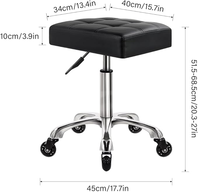 WKWKER Heavy Duty Rolling Stool with Wheels Hydraulic Swivel Adjustable Rolling Stool Ergonomic Thick Leather Rectangle Seat Chair for Kitchen Drafting Lab Office Salon Message Counter – Black