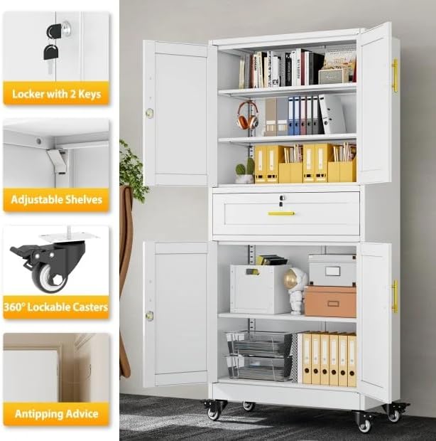 PAOFIN Metal Tall Storage Cabinet with Drawer, Garage Storage Cabinet with Locking Doors and 3 Adjustable Shelves, 71" H Steel Cabinets for Garage, Home, Office, White, Assembly Required
