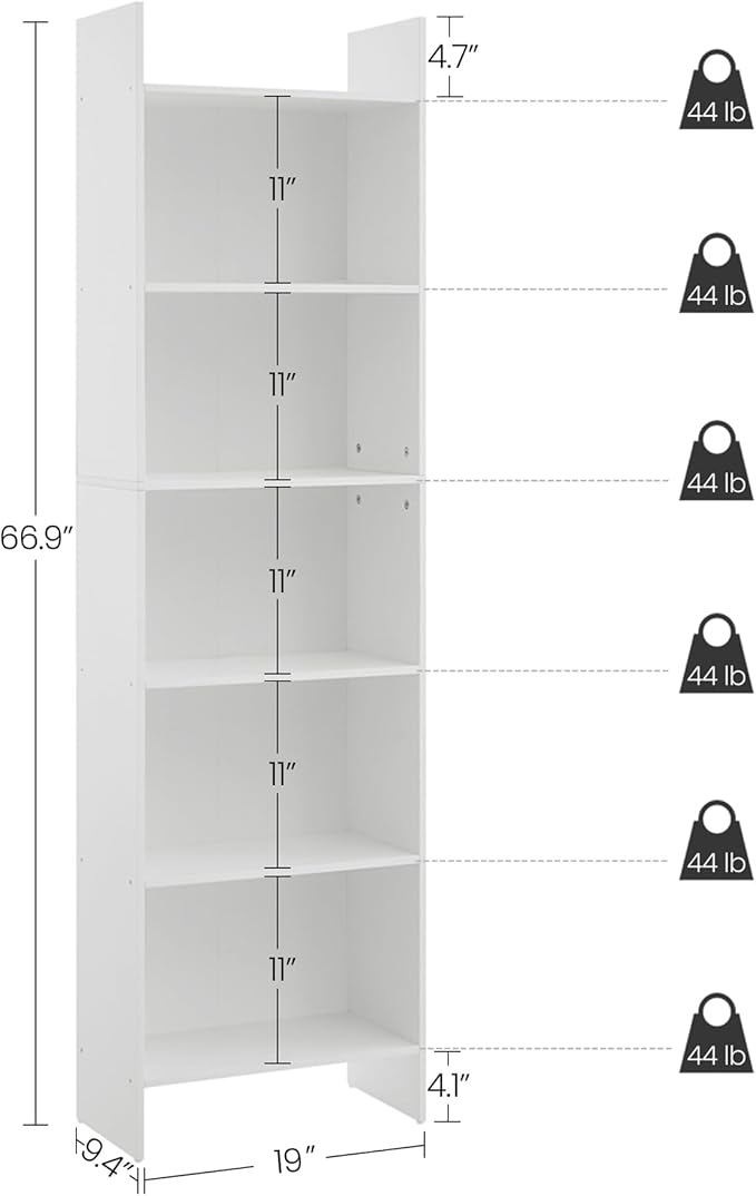 Hzuaneri 6-Tier Bookshelf, 66.9 Inches Floor Standing Bookcase, Display Storage Shelf, Corner Shelf, Home Decor Furniture for Home Office, Living Room, Bedroom, White 01103XBC