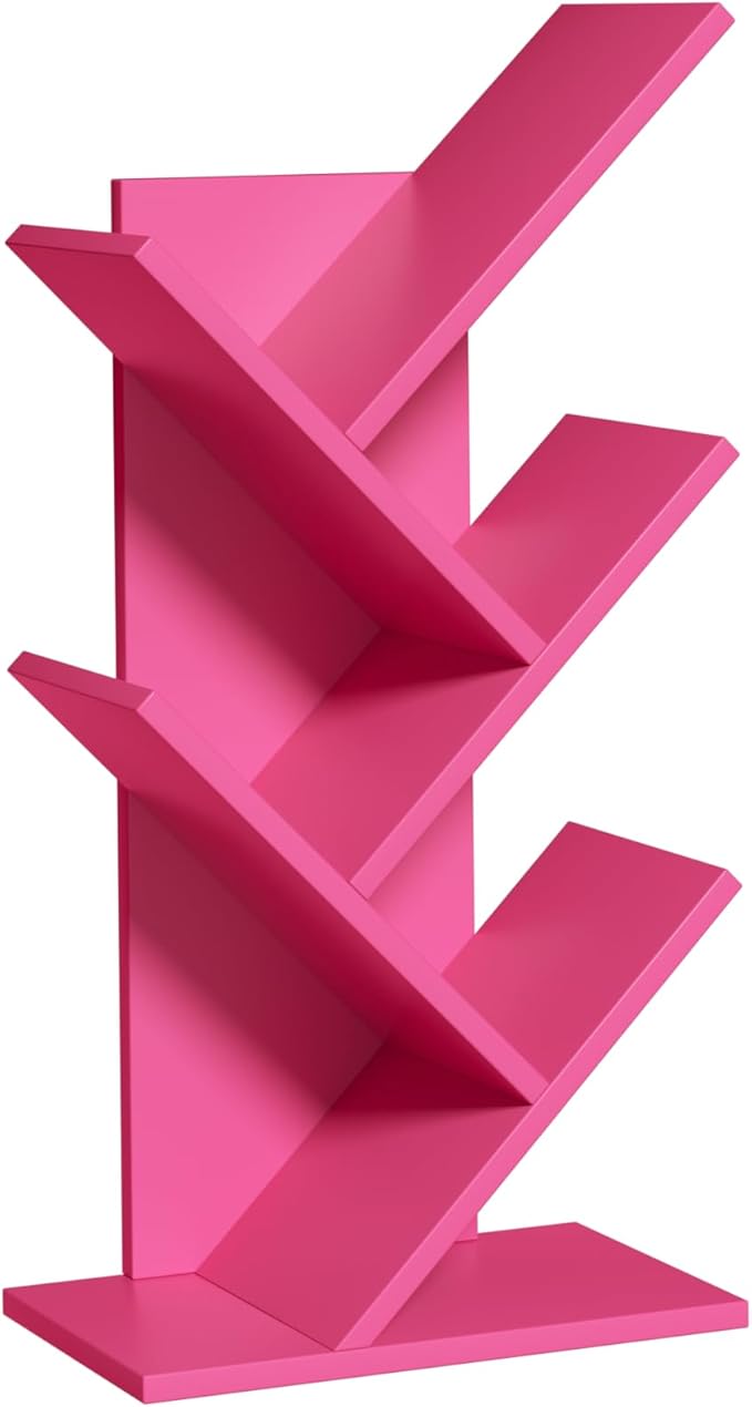 SHEEPAM 5 Tier Tree Book Shelf, Small Desktop Bookshelf with Storage Organizer, Wood Bookcase, Desk Display Bookshelves, Floor Standing Organizer Bookcases for Living Room,Bedroom,Office-Pink