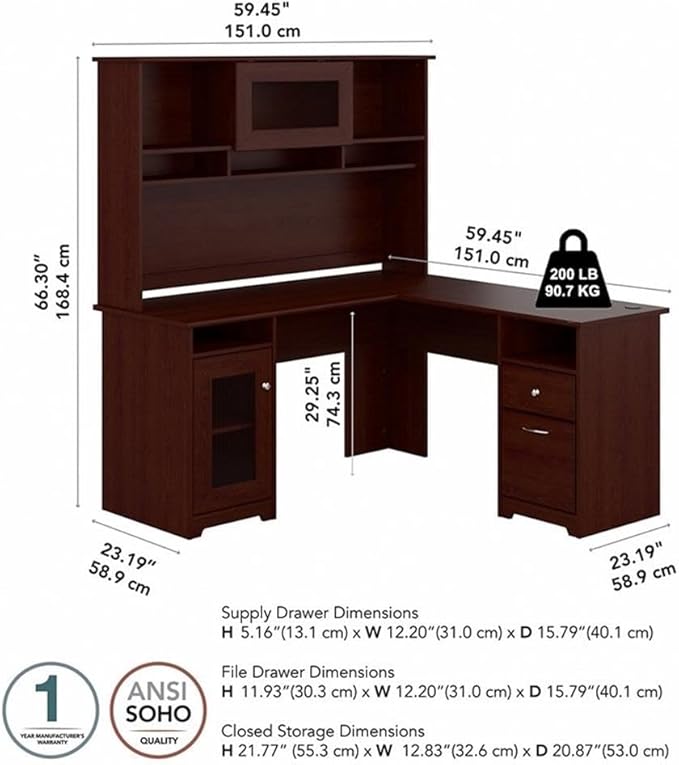 Pemberly Row Transitional Engineered Wood L Shaped Computer Desk with Hutch, Harvest Cherry Finish, Built-in Wire Management, Storage Cabinet, File Drawer, Home Office Desk with Open and Closed