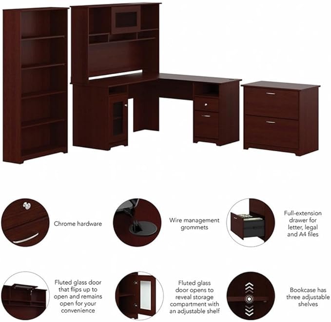 Bush Furniture L Shaped Desk with Hutch, 5 Shelf Bookcase and Lateral File Cabinet | Cabot Collection Corner Computer Table with Storage and Bookshelf | 60Wx23DX37W