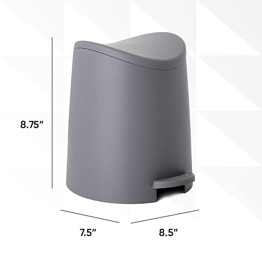 Superio Small Plastic Bathroom Trash Can with Lid 3 Liter Modern Curved Step On Trash Can with Foot Pedal, Mini Kitchen Waste Bin, Durable and Soft Close for Bedroom, Office, Under Desk (Grey-2 Pack)