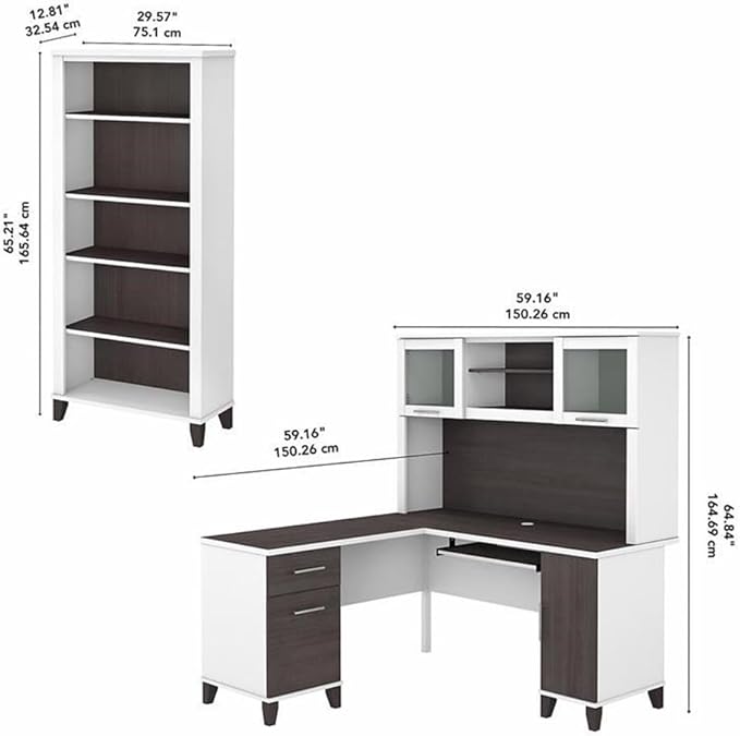 Pemberly Row 60W L Shaped Desk with Hutch and 5 Shelf Bookcase, Engineered Wood Construction, Gray Finish, Wire Management, Frosted Glass Doors, Home Office Furniture Set for Small Office Use
