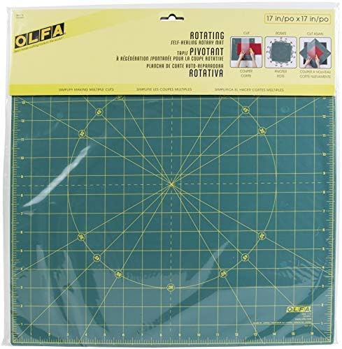OLFA 17" x 17" Rotating Cutting Mat (RM-17S) - Self Healing 17x17 Inch Square Rotary Mat with Grid for Quilting, Sewing, Fabric, & Crafts, Rotates 360 Degrees, Use with Rotary Cutters (Green)