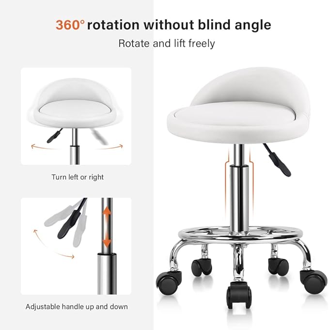 KKTONER PU Leather Round Rolling Stool with Foot Rest Height Adjustable Swivel Drafting Work SPA Medical Task Chair with Wheels (White)