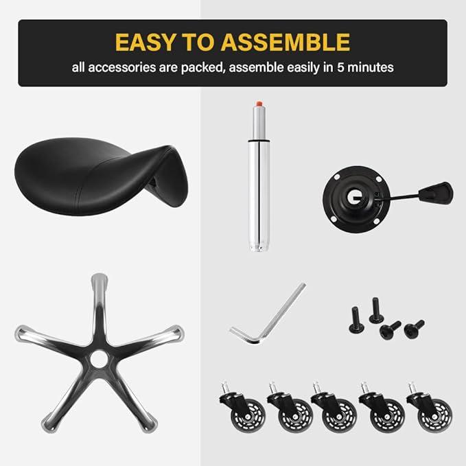 WKWKER Heavy Duty Saddle Rolling Stool with Wheels Hydraulic Swivel Adjustable Rolling Stool Ergonomic Thick Leather Seat Chair for Kitchen Drafting Lab Office Salon Massage – Black