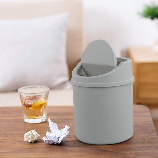 Plastic Desktop Mini Trash Can with Swing Lid, Grey