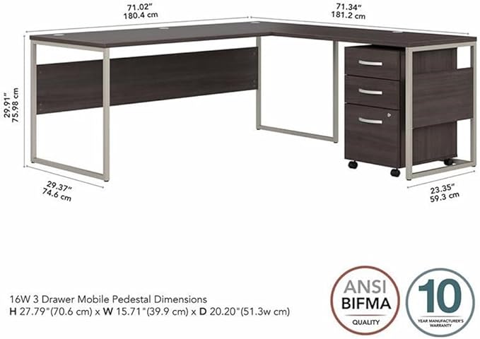 Bush Business Furniture Hybrid 72W x 30D L Shaped Table Desk with Mobile File Cabinet in Storm Gray