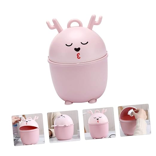 Slim Trash Can Lid Waste Bin for Kitchen Cartoon Desktop Trash Can Recycle Bin Litter
