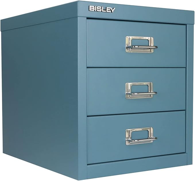 Bisley 3-Drawer Steel MultiDrawer Cabinet - Doulton Blue, Chrome Pull Handles with Label Holders, Powder-Coated Steel, Removable Drawers, Desktop Storage, Labels Included