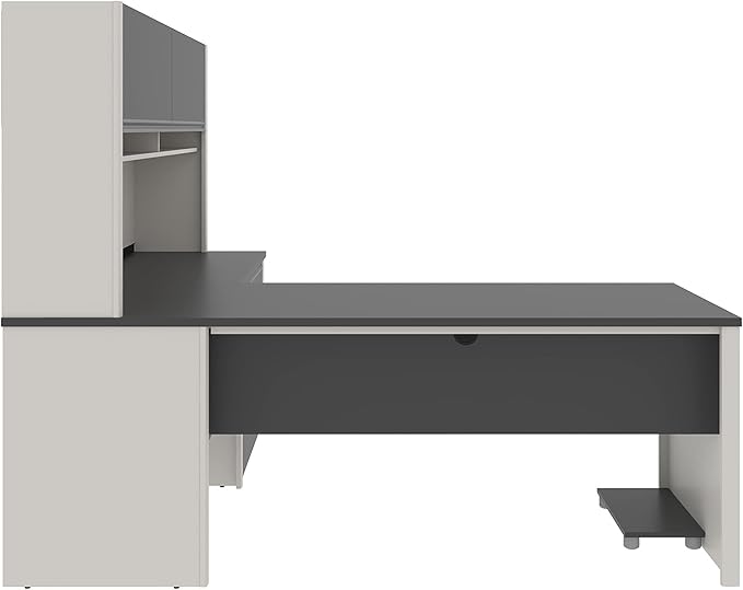 BOWERY HILL L-Shaped Office Desk Set, Sandstone and Slate Finish, Commercial-Grade Work Surface, Melamine Coating, Shock-Resistant Edges, Wire Management, Storage Drawers, Modern Office Furniture