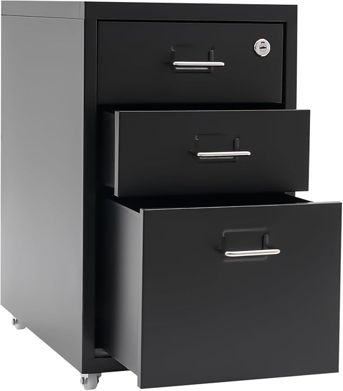 3 Drawer Mobile File Cabinet with Lock, Under Desk Rolling Filing Cabinets with Tag Jacks, Lockable Vertical File Cabinet for Home Office, Easy Assembly (Black)
