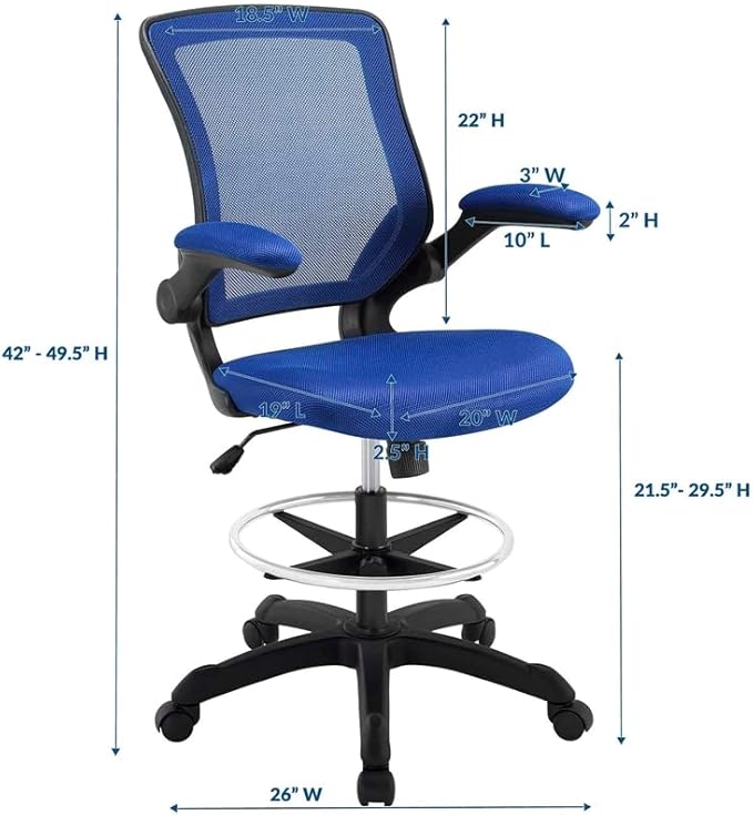 Scranton & Co Mesh Drafting Stool, Blue Finish, Adjustable Height with Flip-Up Arms, Foot Ring, Tall Pneumatic Gas Cylinder, Breathable Mesh Back, Foam Seat, Ergonomic Chair for Work or Home Use