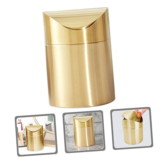 Luxshiny Trash Can Gold Bathroom Accessory Mini Lid Slim Desktop Countertop Waste Bin for Office Car