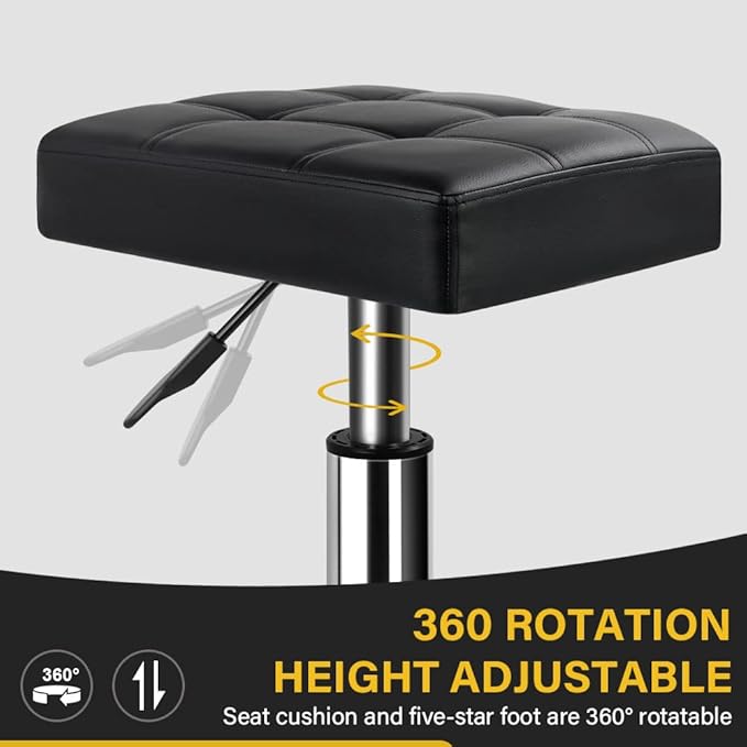 WKWKER Heavy Duty Rolling Stool with Wheels Hydraulic Swivel Adjustable Rolling Stool Ergonomic Thick Leather Rectangle Seat Chair for Kitchen Drafting Lab Office Salon Message Counter – Black