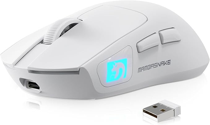 MAMBASNAKE M4 Ultra-Light Wireless Gaming Mouse 52g, 24000 DPI PAW3311 Optical Sensor,2.4G/BT/Wired Ergonomic Computer Mice, RGB Lighting,400mAh Battery, Programmable Mouse for PC/Win/MAC-White
