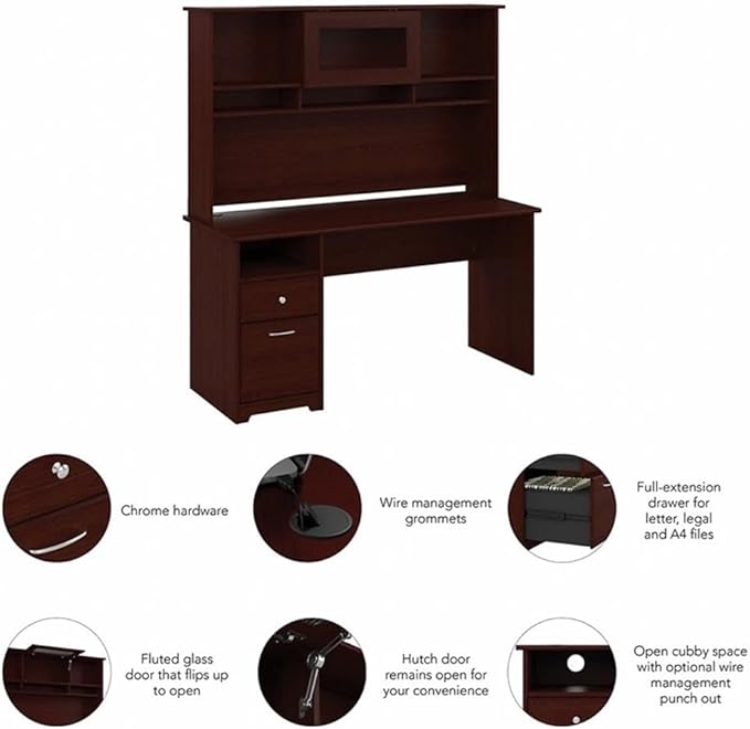 Bush Furniture Cabot 60W Computer Desk with Hutch and Drawers in Harvest Cherry
