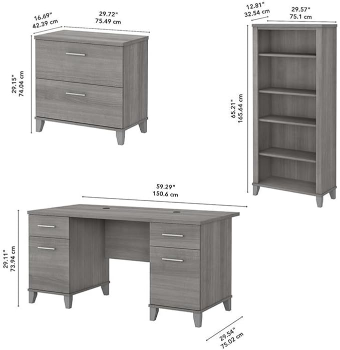 Pemberly Row Office Desk Set with File Cabinet & 5 Shelf Bookcase, 60W Desk, Engineered Wood, Gray Finish, Adjustable Shelves, Wire Management, Home Office Furniture for Workspace Organization
