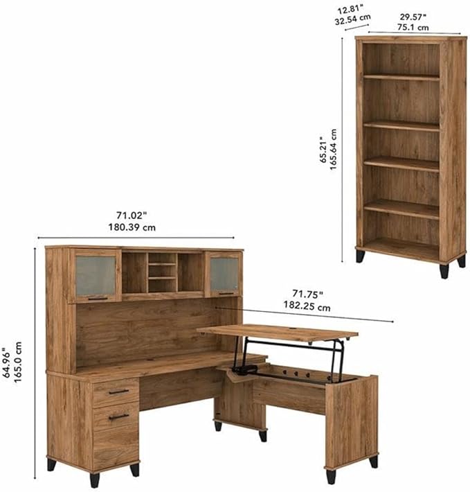 Pemberly Row Engineered Wood Sit to Stand L Shaped Desk Set, Fresh Walnut Finish, Includes 72W Office Desk, Hutch, 42W Standing Return, 5 Shelf Bookcase, Adjustable Height Ergonomic Workspace for