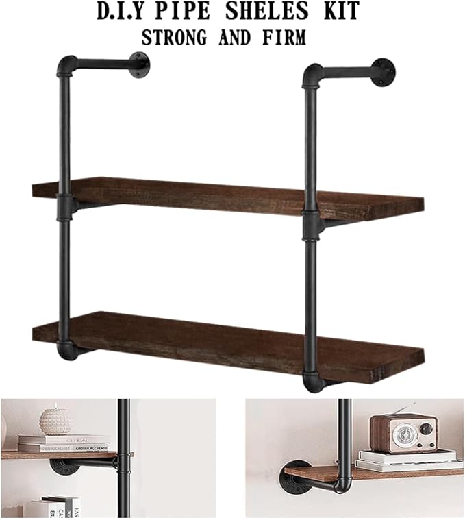 HITOMEN Industrial Iron Pipe Shelves, 2 Set 3-Tier, 28" Tall, 12" Depth, DIY Open Bookshelf Bookcase, Wall Mounted Vintage Retro Shelving, Rustic Farmhouse Pantry Kitchen Storage, Black Shelf Brackets