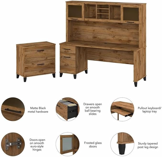 Bush Furniture Somerset 72W L Shaped Desk with Hutch and 5 Shelf Bookcase in Fresh Walnut