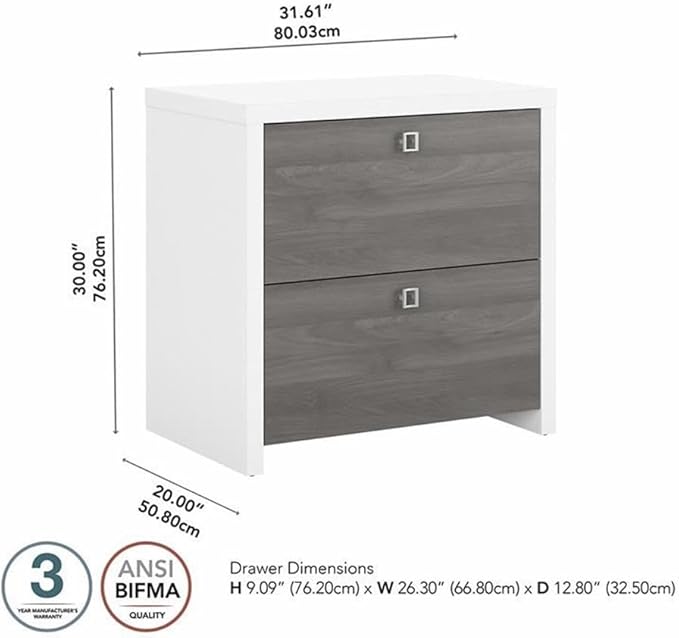 Pemberly Row Set of 2 L-Shaped Desk & Lateral File Cabinet in White & Gray