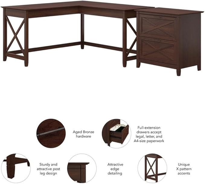 Pemberly Row 60W L Shaped Desk with 2 Drawer Lateral File Cabinet, Durable Corner Desk and Filing Cabinet, Coastal Farmhouse Style Home Office Furniture Set, X Pattern Accents, 157.7 lbs