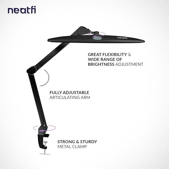 Neatfi XL LED Desk Lamp | 20-Inch Wide Head (Black-2, CCT with Clamp)