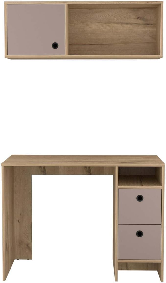 HomeStock Fresh 2 Piece Office Set with Desk Two Drawers One Shelf and Wall Cabinet with Door in Light Oak Taupe 39.3" W x 19.6" D Desk Surface