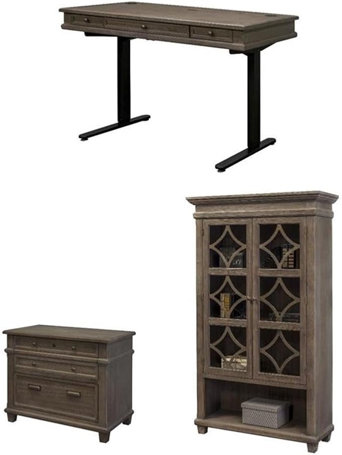 BOWERY HILL Set of 3 Sit/Stand Desk & Glass Display Bookcase & Filing Cabinet