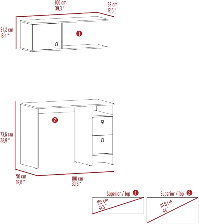 Aramis Office Set with 2 Shelves, 2 Drawers, Wall Cabinet, Single Door Cabinet, and Metal Hardware, Light Oak/ Taupe