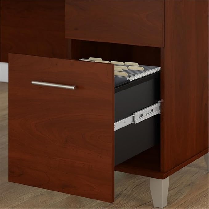 Pemberly Row Office Furniture Set, 60W Desk with File Cabinet and 5-Shelf Bookcase, Cherry Finish, Wire Management, Adjustable Shelves, Ball-Bearing Slides, Transitional Style for Home Office